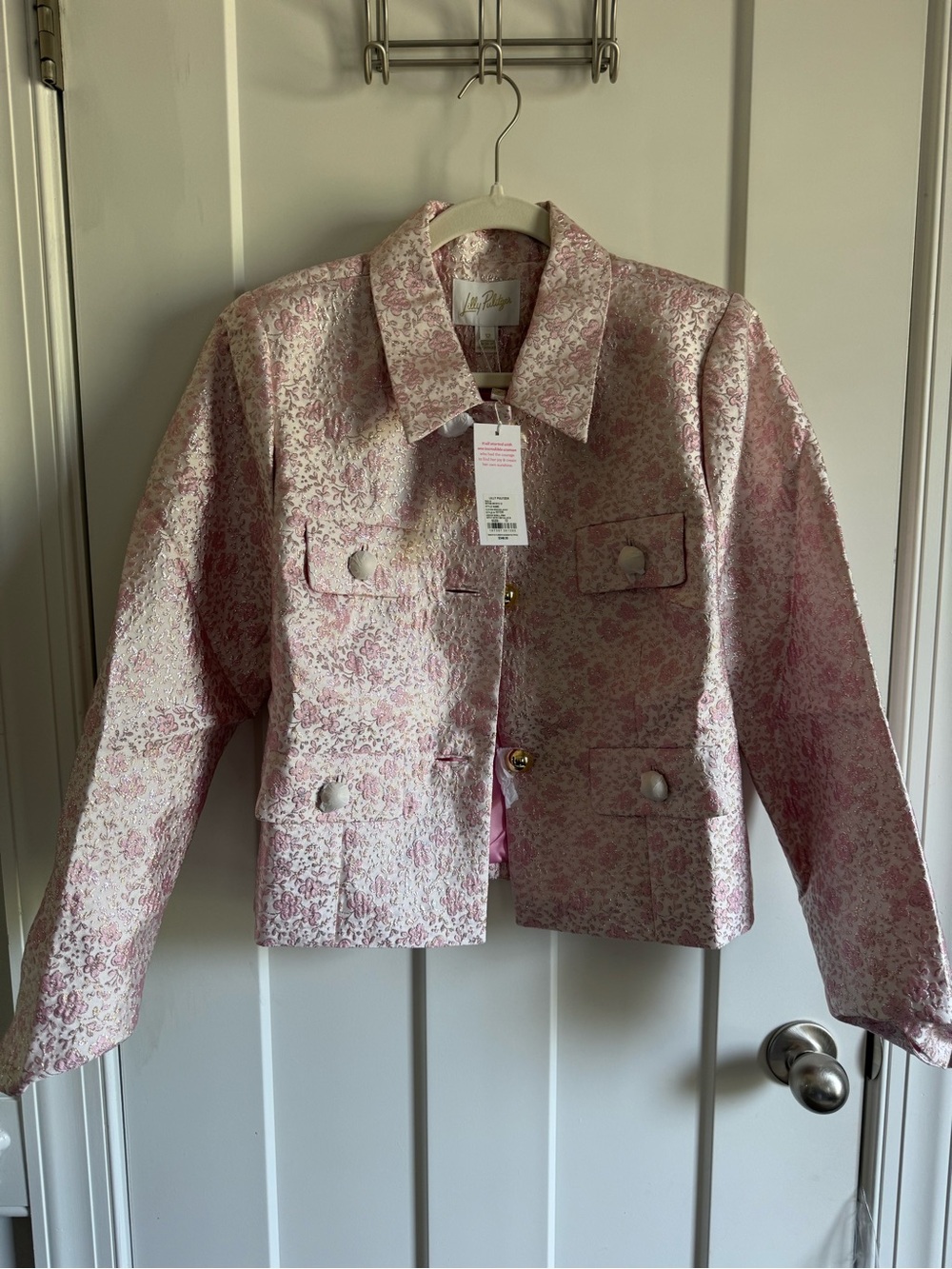 NWT Eloraina Brocade Jacket, Conch Shell Pink Ritsy Ditsy Metallic Brocade, S 12 - Picture 4 of 4